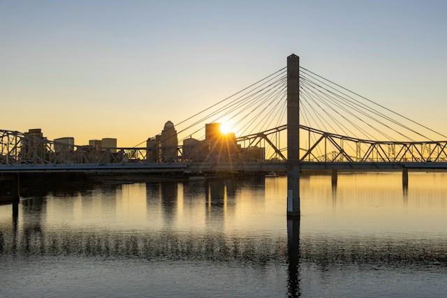 Sunset over downtown Louisville, Kentucky as seen from the Ohio River.