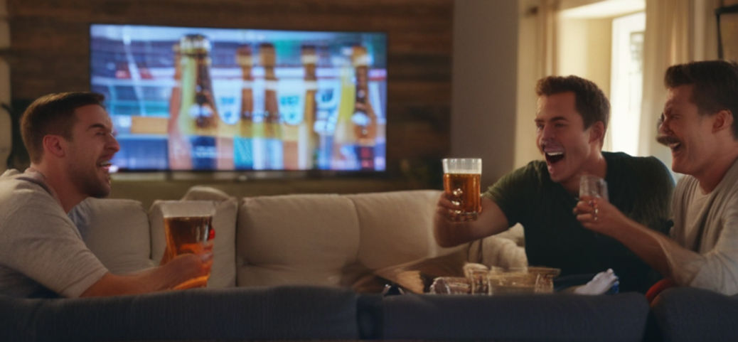 A group of male friends sits on a comfortable sofa in a cozy living room, watching the Super Bowl on a large TV screen. 