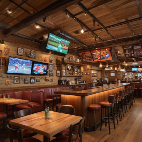 A lively sports bar in Kentucky with fans cheering during a Premier League match, some checking betting apps.