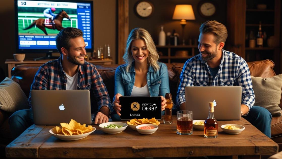 Three friends watch horse racing while using laptops for online sports betting.