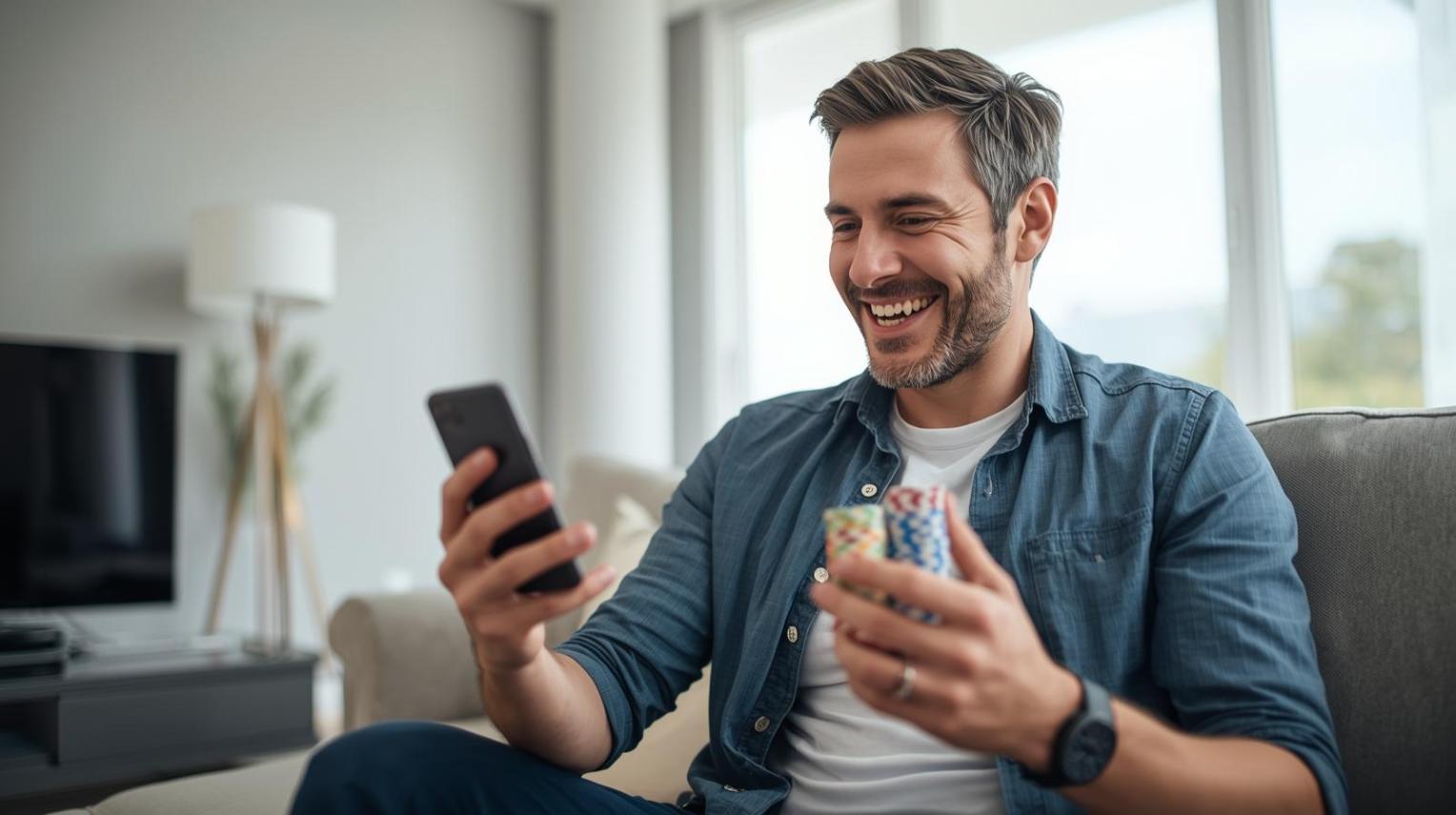 Cheerful Kentucky man using smartphone enjoying online gambling with poker chips in hand.